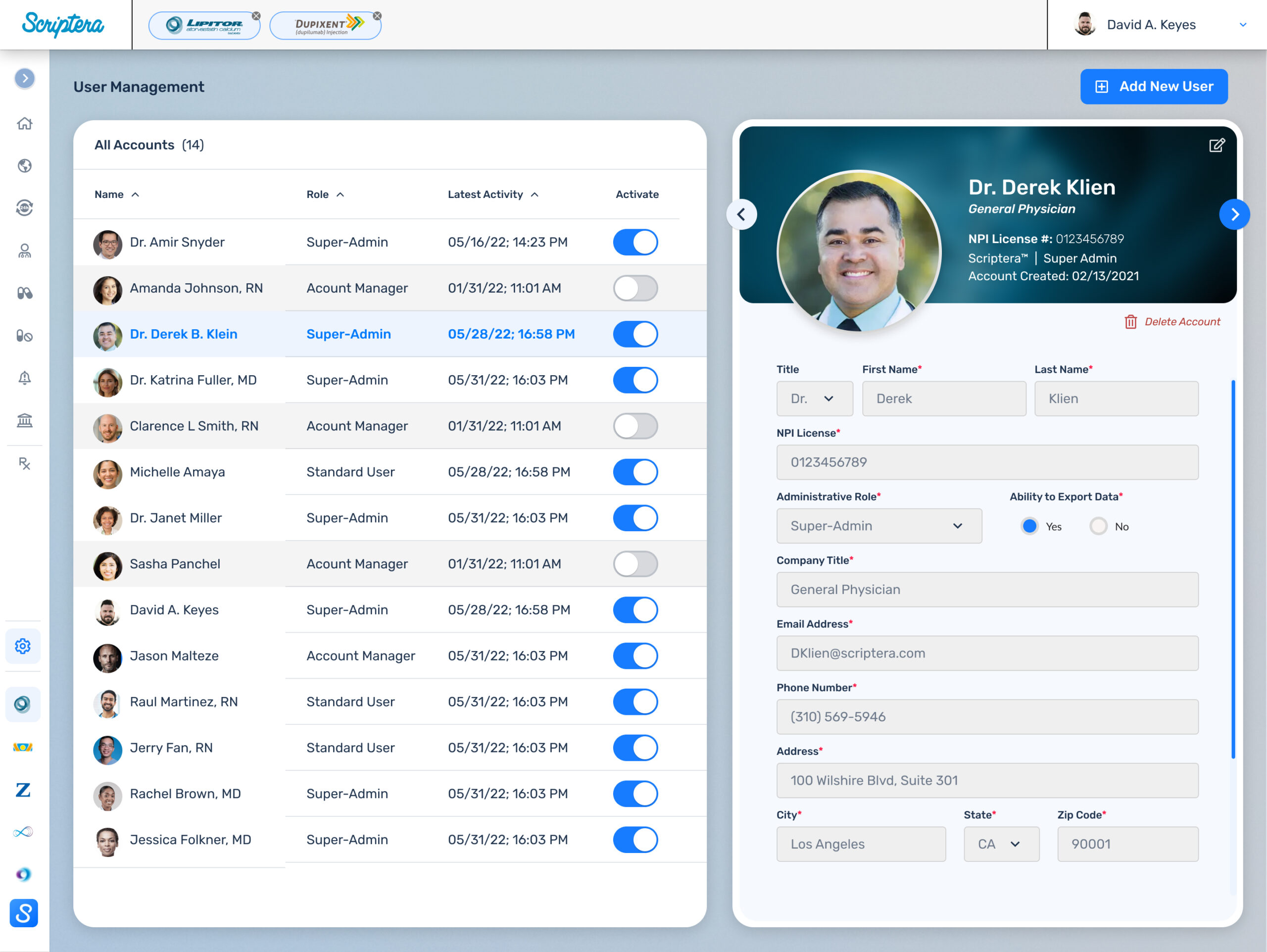 Scriptera user management with a physician’s profile panel.
