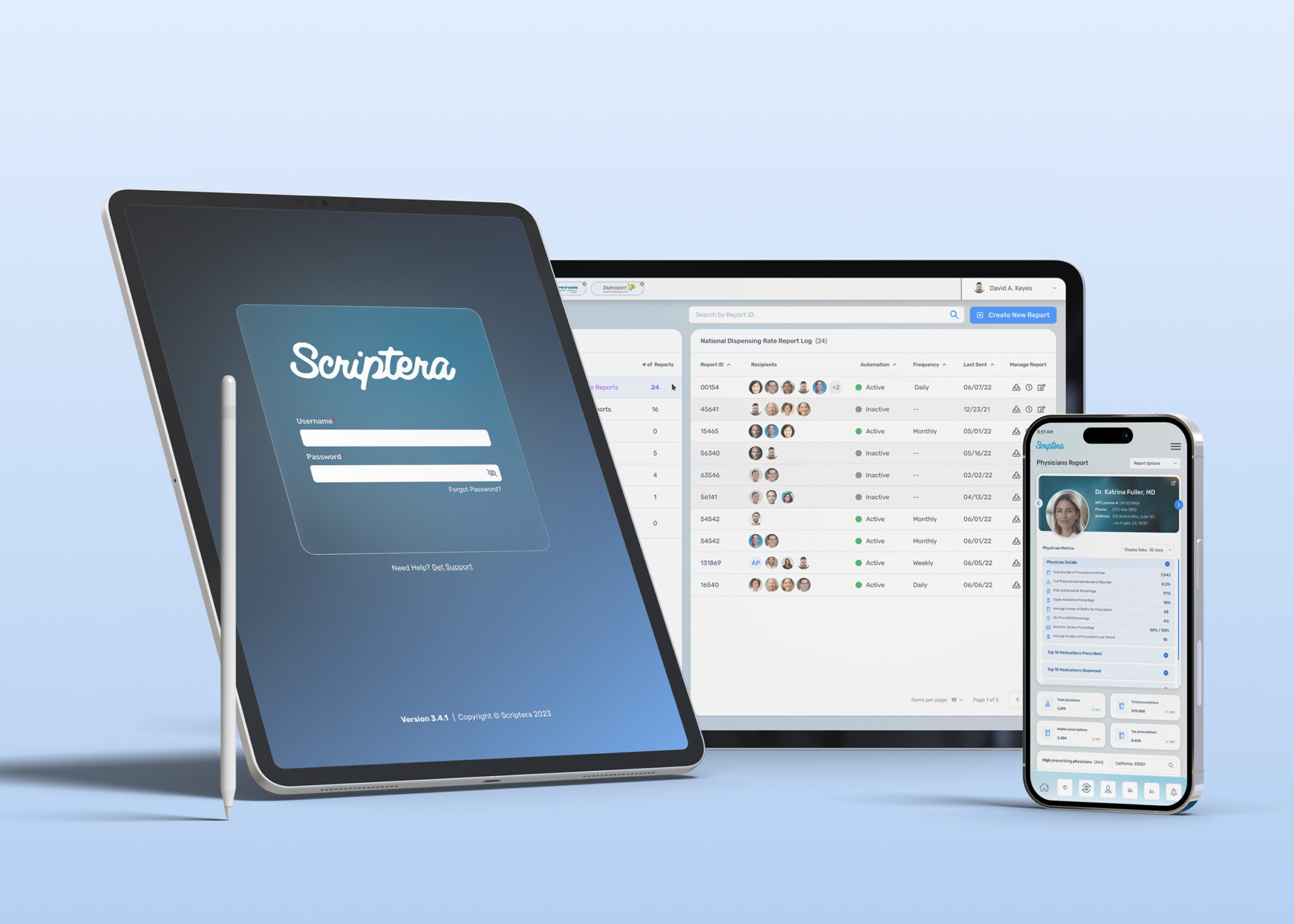 Scriptera on a tablet, a laptop and a phone against a pale blue backdrop.