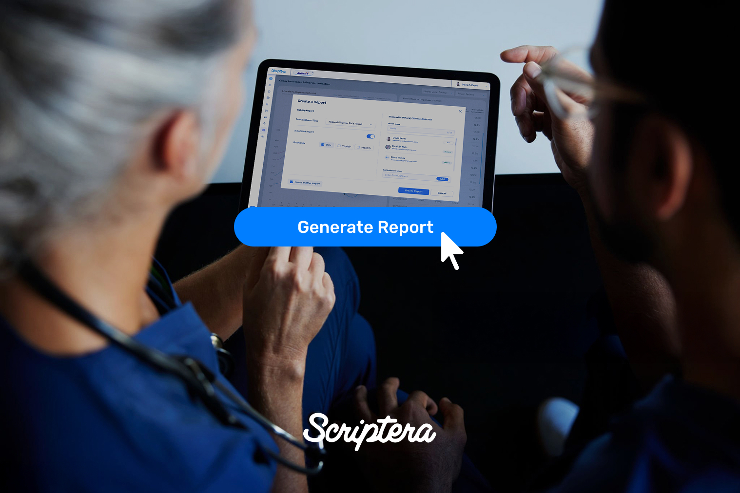 A clinician tapping Generate report on a tablet running Scriptera.