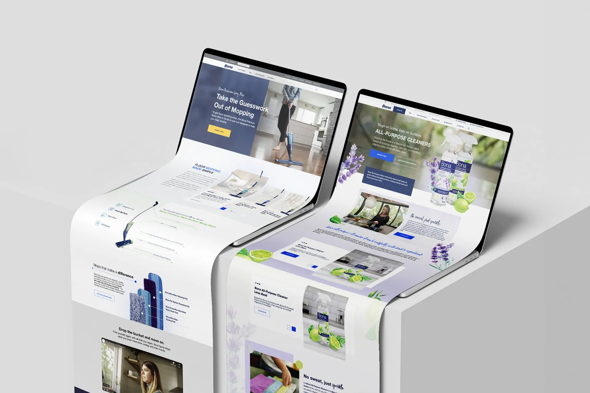 Bona web pages printed and folded over a white plinth.