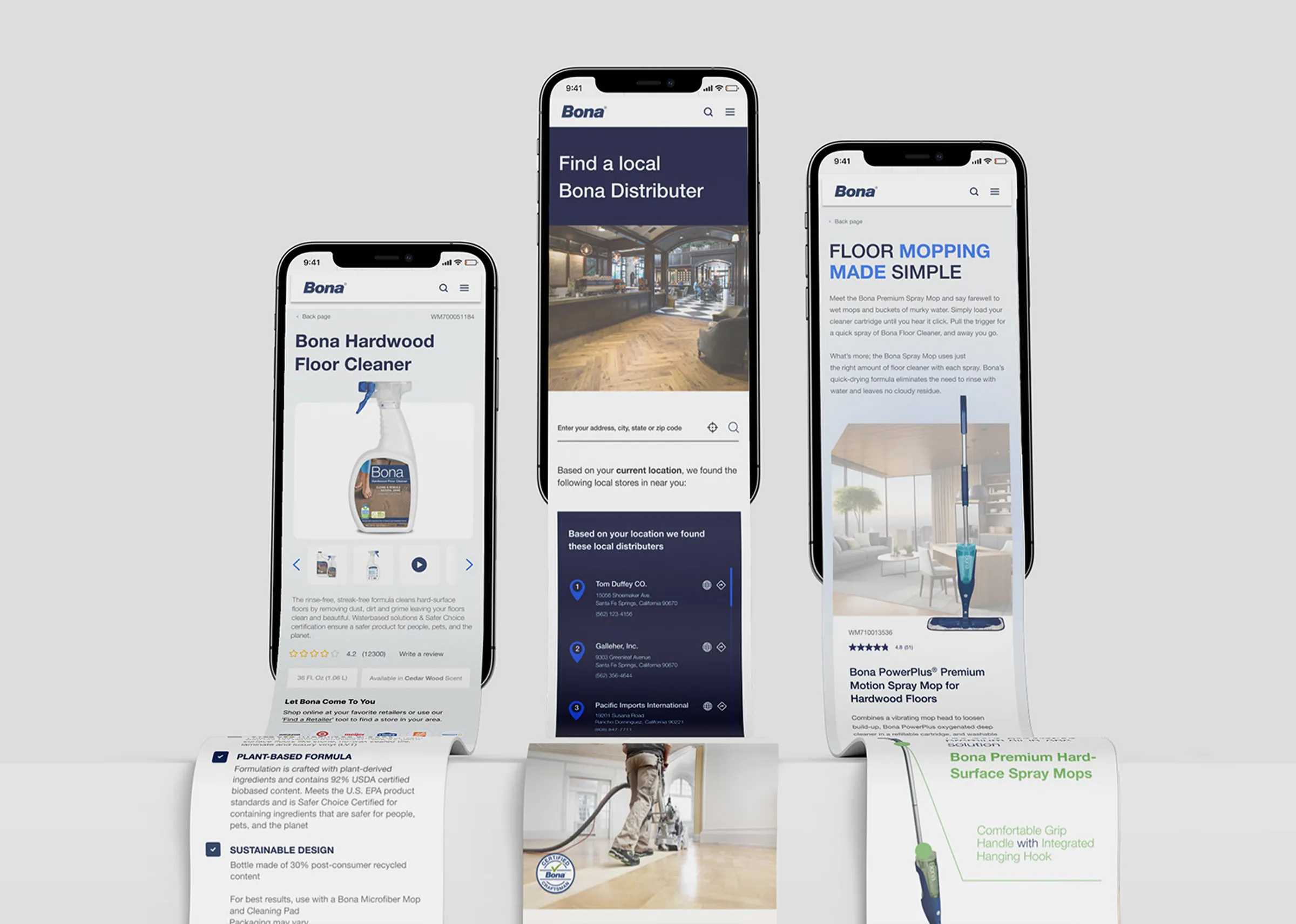 Bona mobile pages on three phones standing on a white surface.