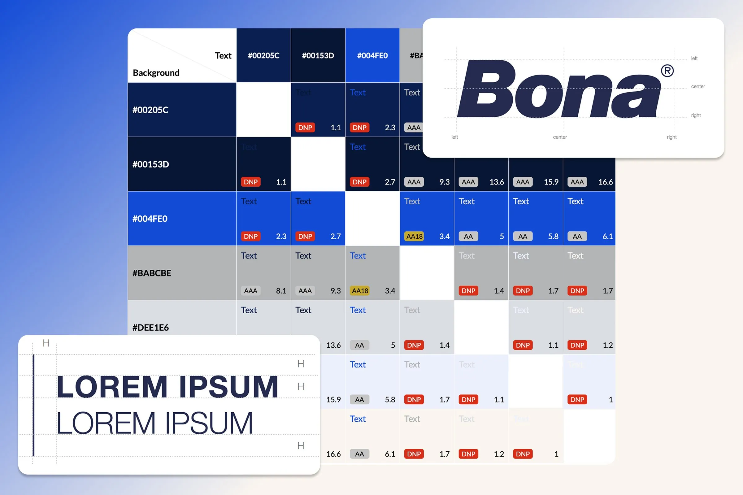 A color contrast matrix testing Bona’s palette against WCAG ratios.