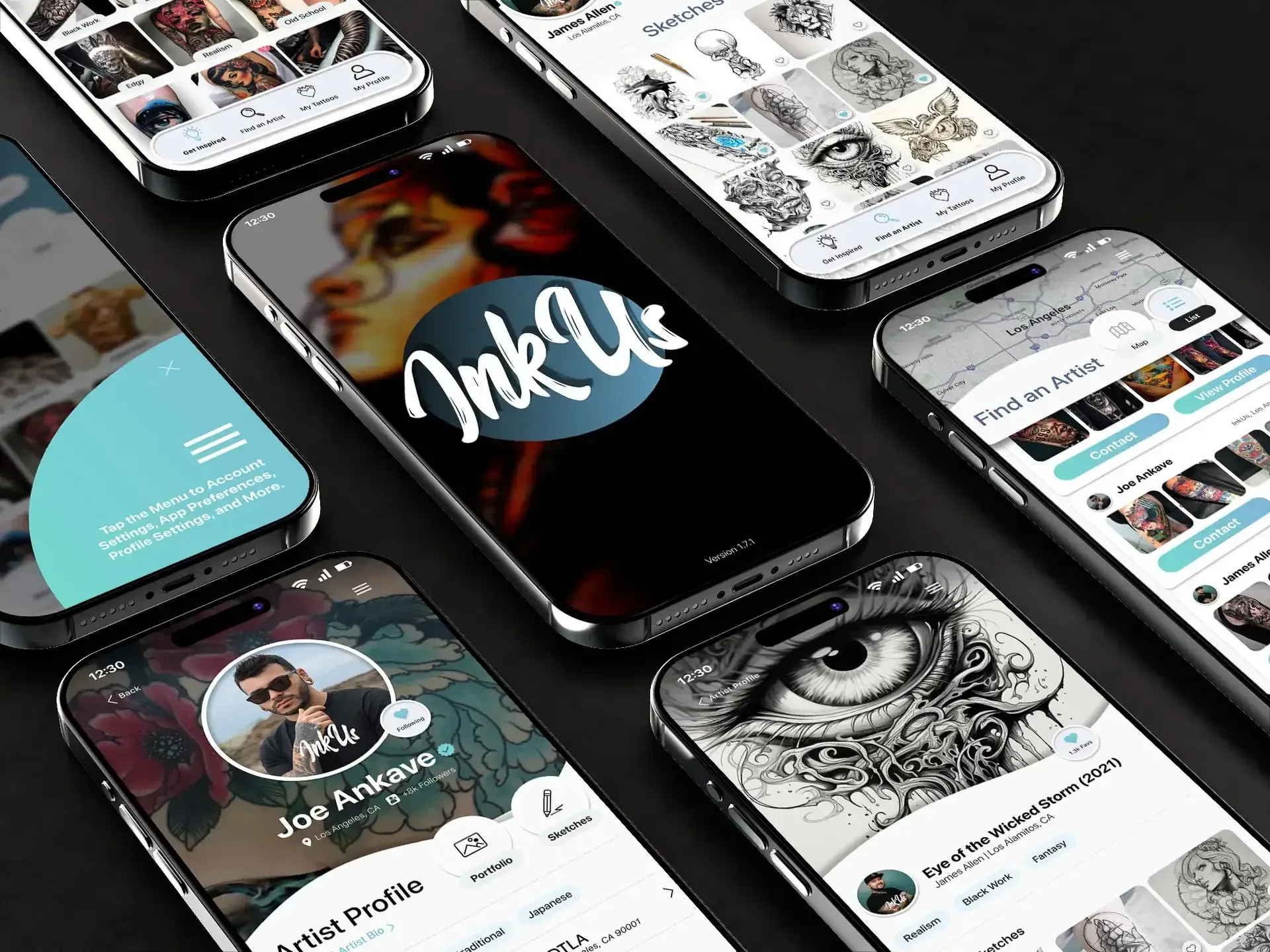 Five phones laid on black, each showing a different Ink Us screen.