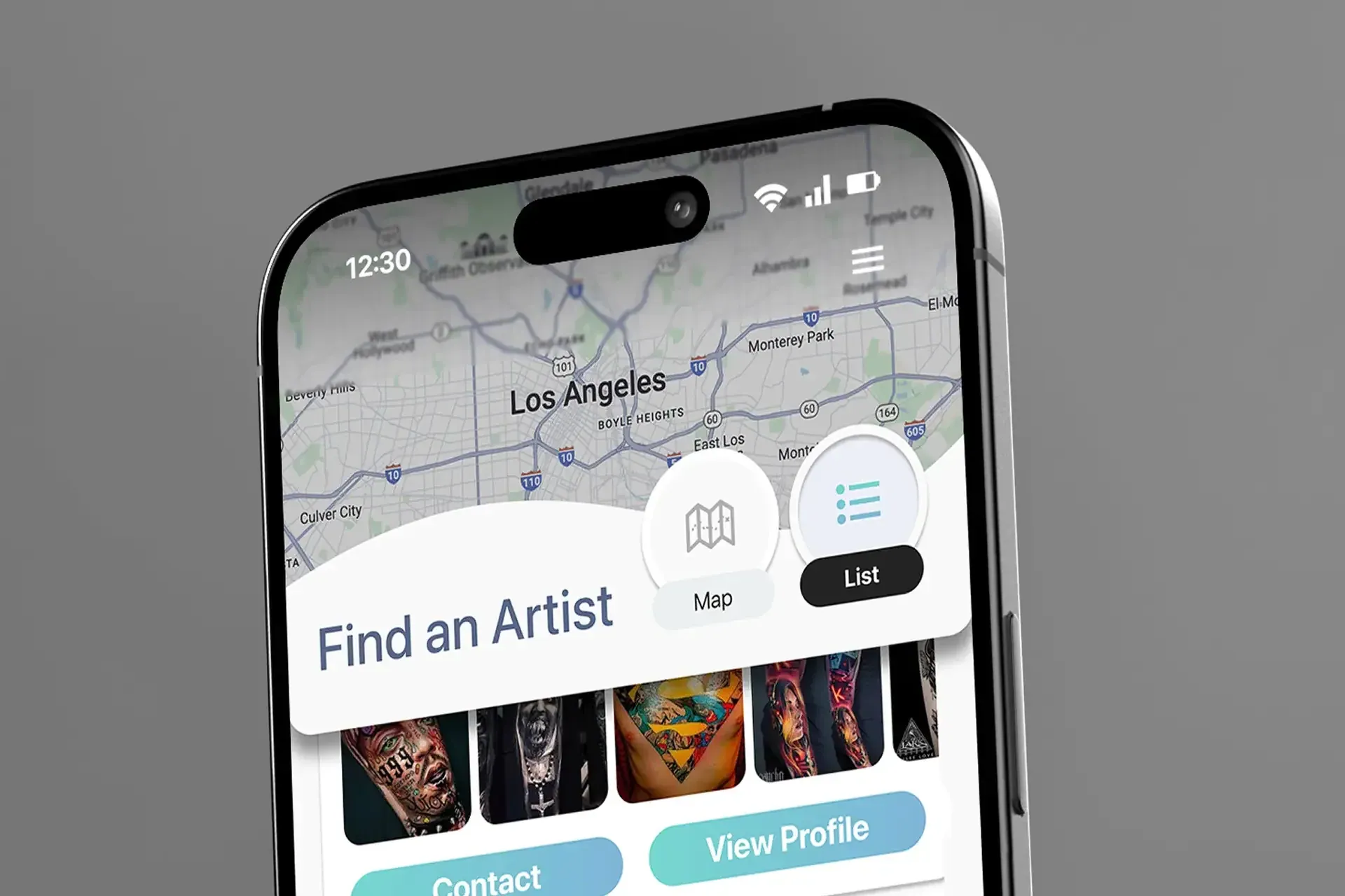 A phone showing Find an Artist on a map of Los Angeles in Ink Us.