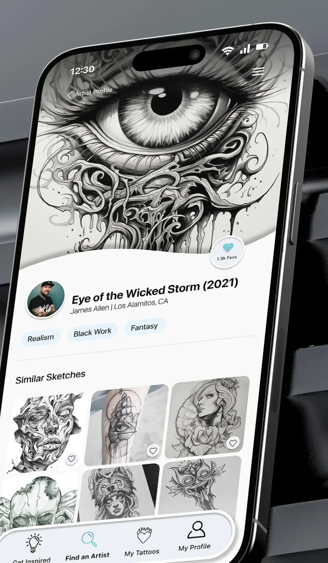 A phone showing an Ink Us tattoo design page, Eye of the Wicked Storm, with similar sketches.