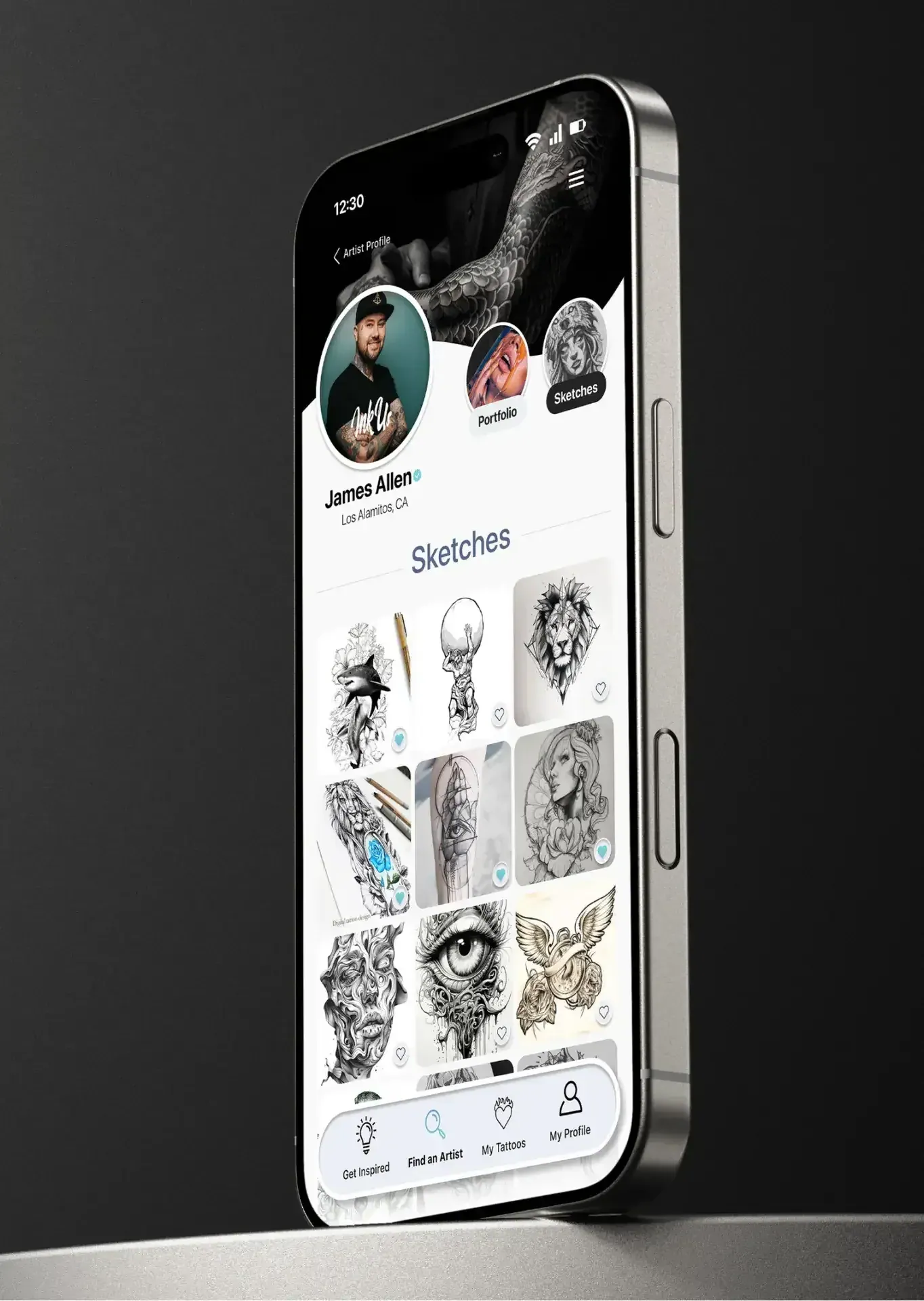 A phone showing a tattoo artist’s sketch portfolio in Ink Us.