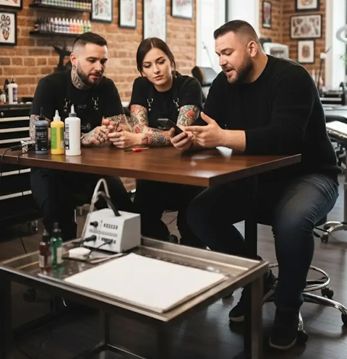 David Keyes sitting with tattoo artists in a studio, talking through the app’s features and design strategy.