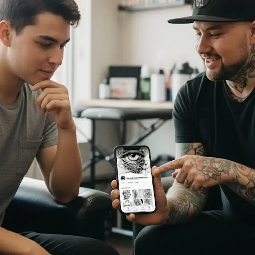 A tattoo artist showing a client a design in the Ink Us app.