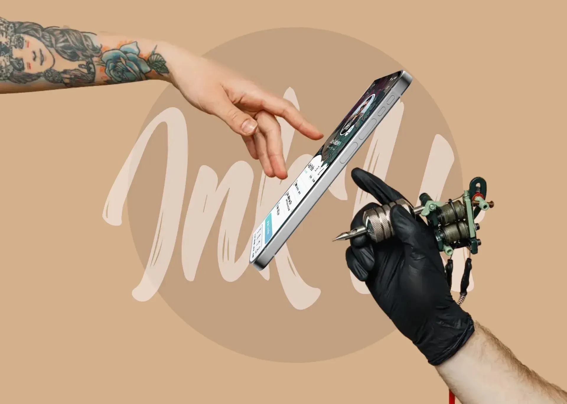 In the spirit of The Creation of Adam, a client’s fingertip reaches toward a phone held by a tattoo artist’s gloved hand.