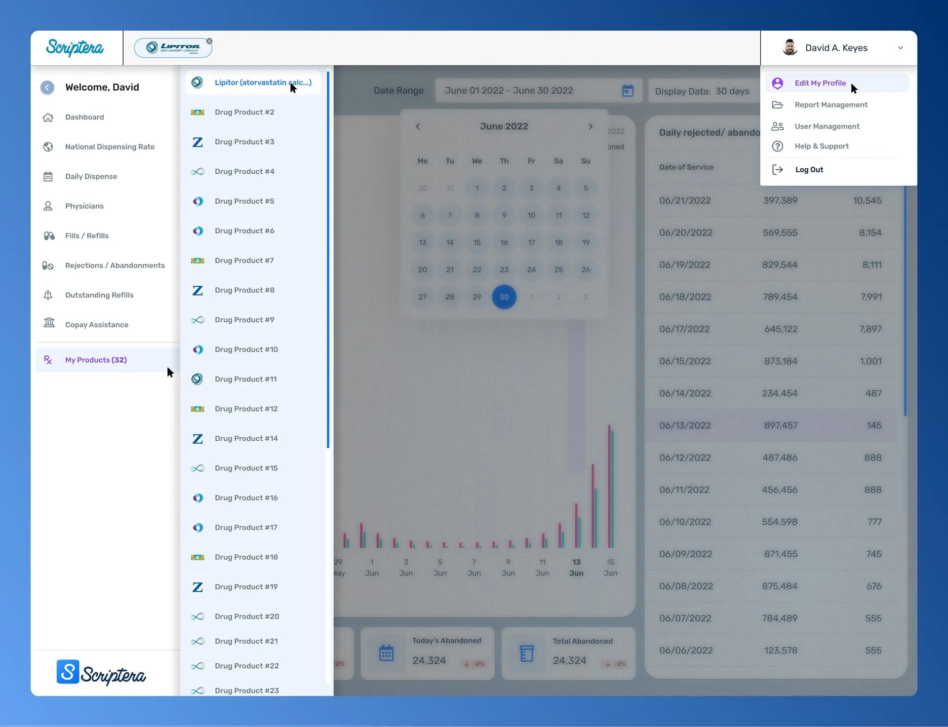 Scriptera’s collapsible navigation opened over a report.