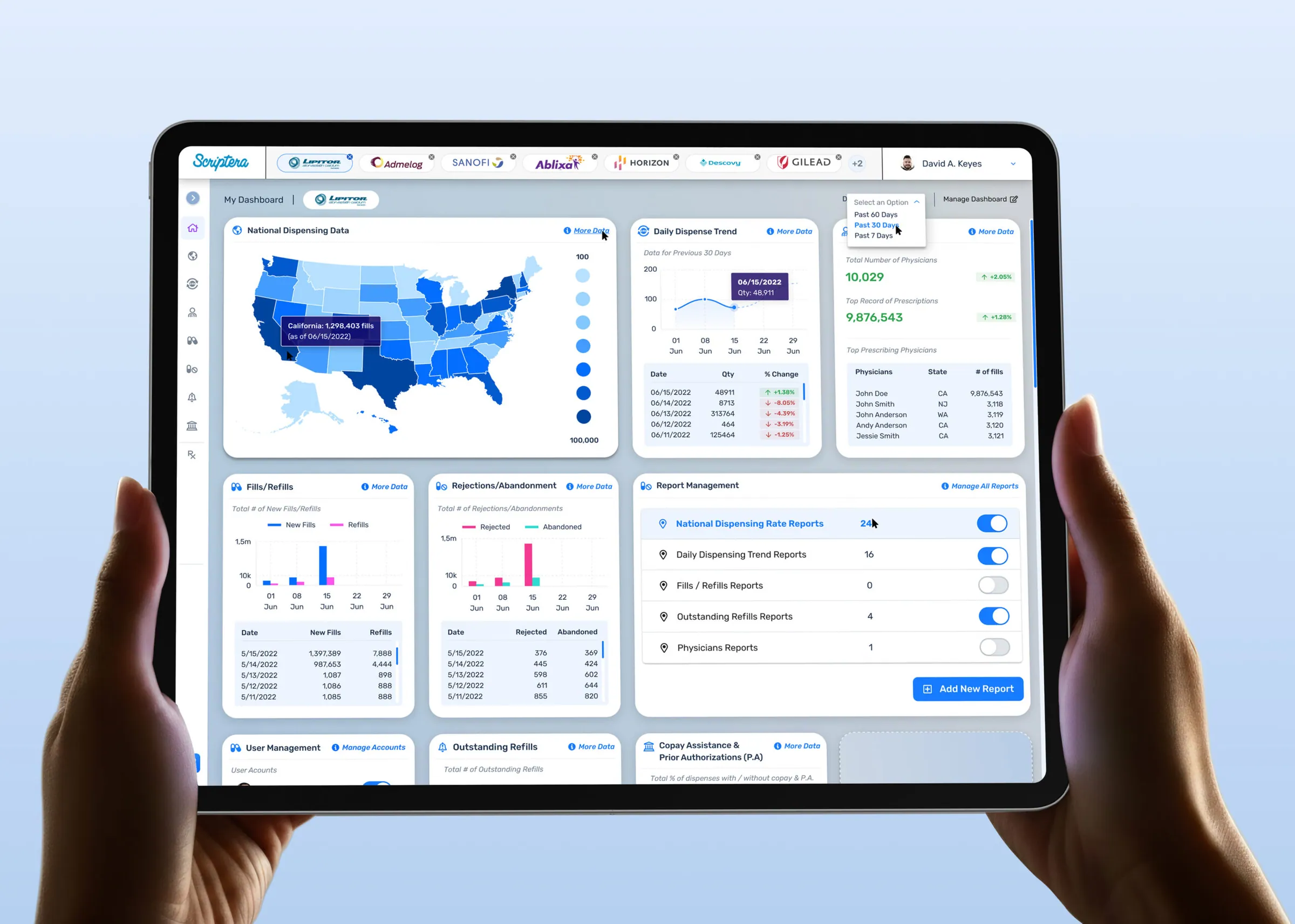 Hands holding a tablet showing the Scriptera national dispensing dashboard.
