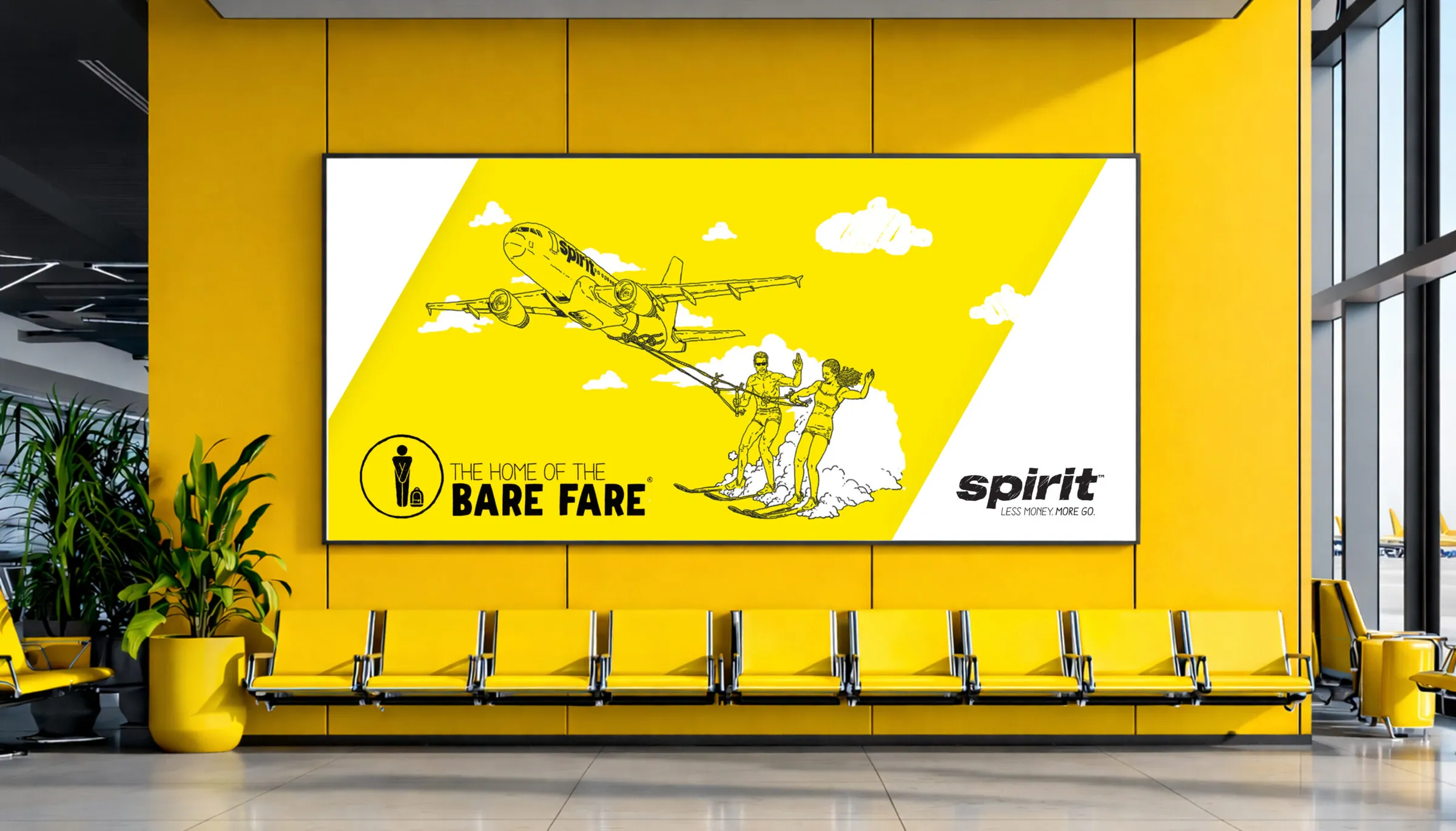 A Bare Fare billboard on a bright yellow airport gate wall, above rows of yellow seats.