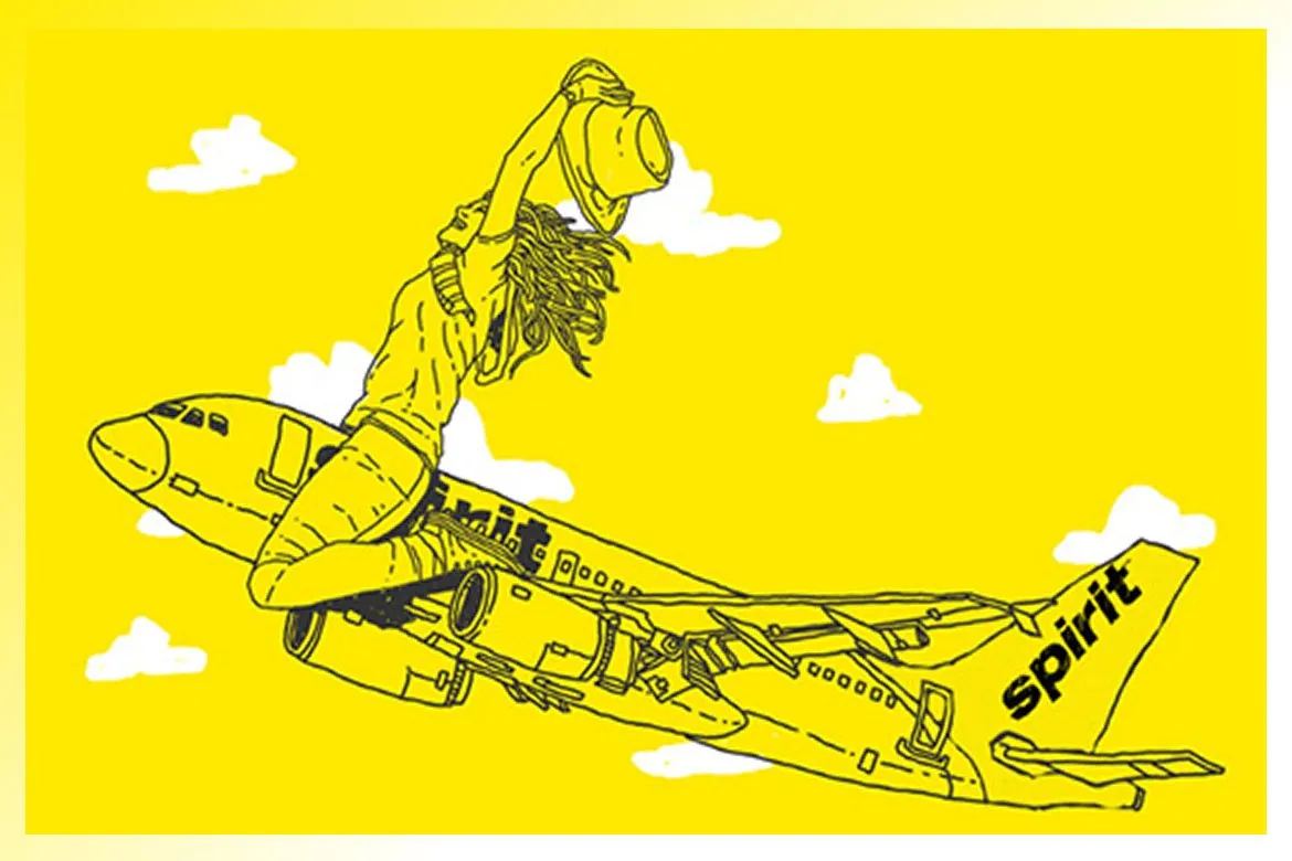 A line illustration of a traveler riding a Spirit jet through the clouds.