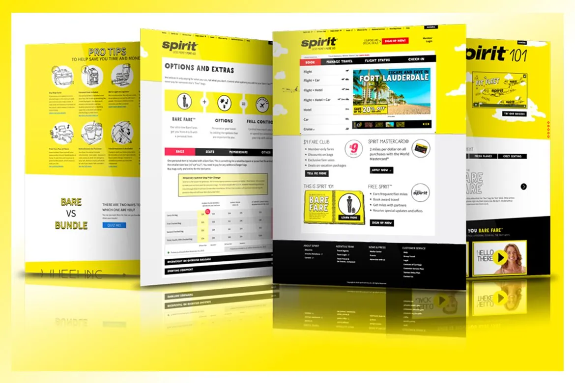 Spirit landing page layouts fanned out on a yellow field.