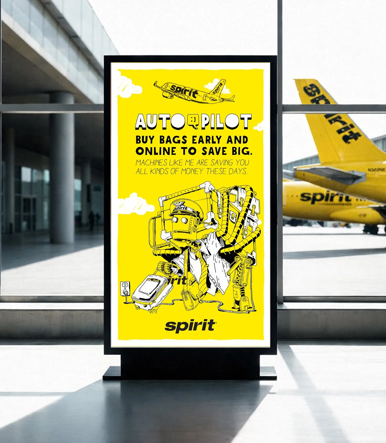 An airport display running the Spirit Auto Pilot ad: buy bags early and online to save big.